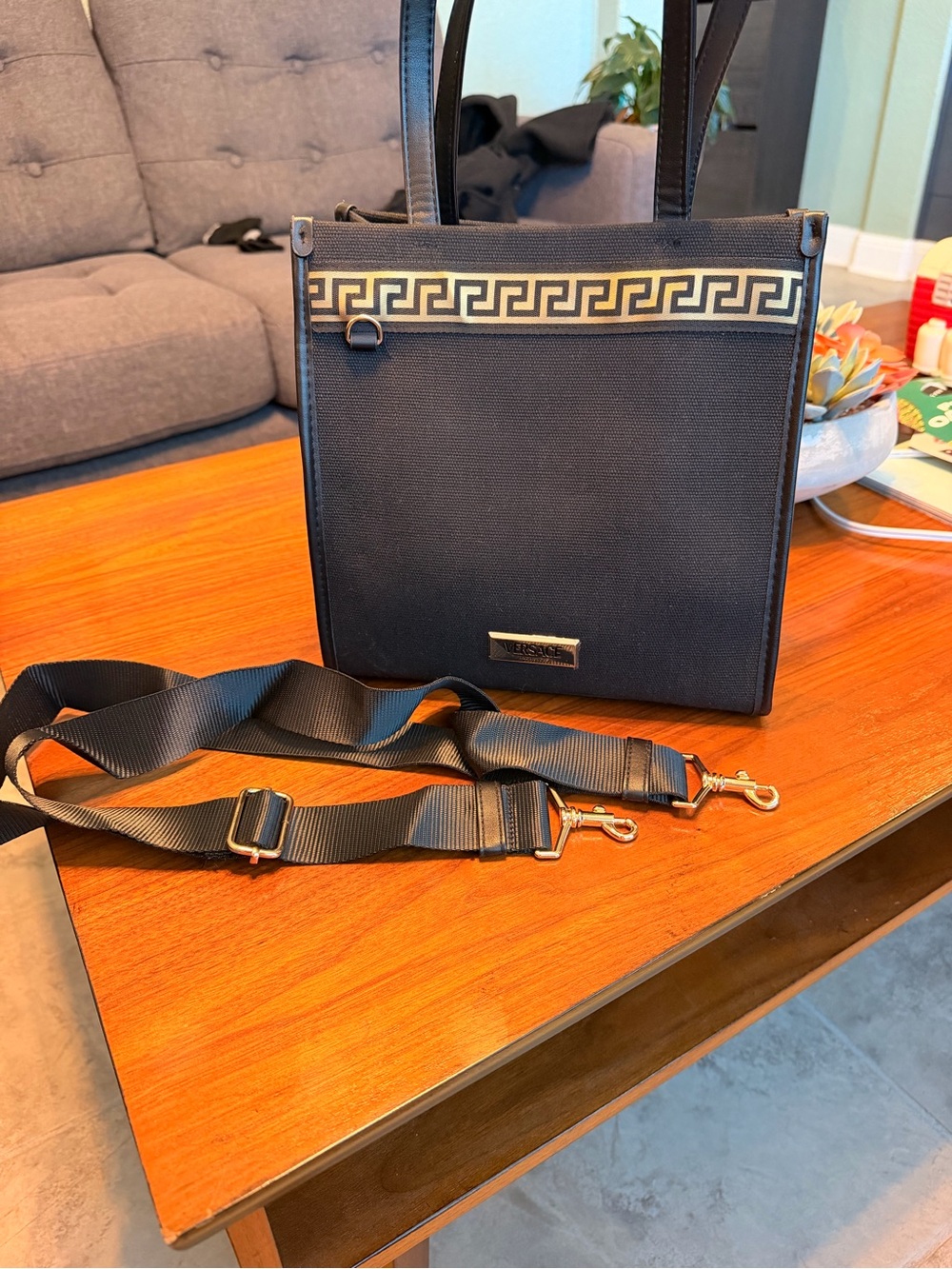 Versace Black Canvas Messenger Bag with Gold Greek Key Accent